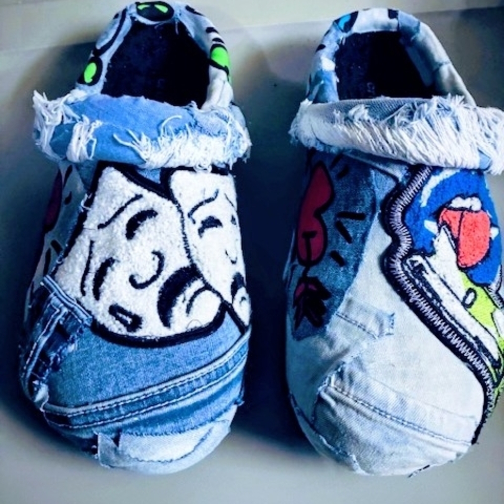 CROCS Blue and White Loafers with Artistic Design